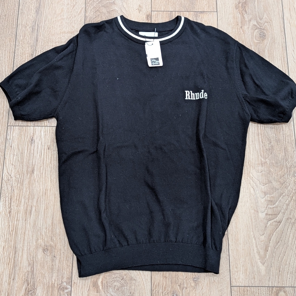 $1325 Mens RHUDE Logo Knit Cotton/Cashmere T-Shirt Black/Ivory Medium